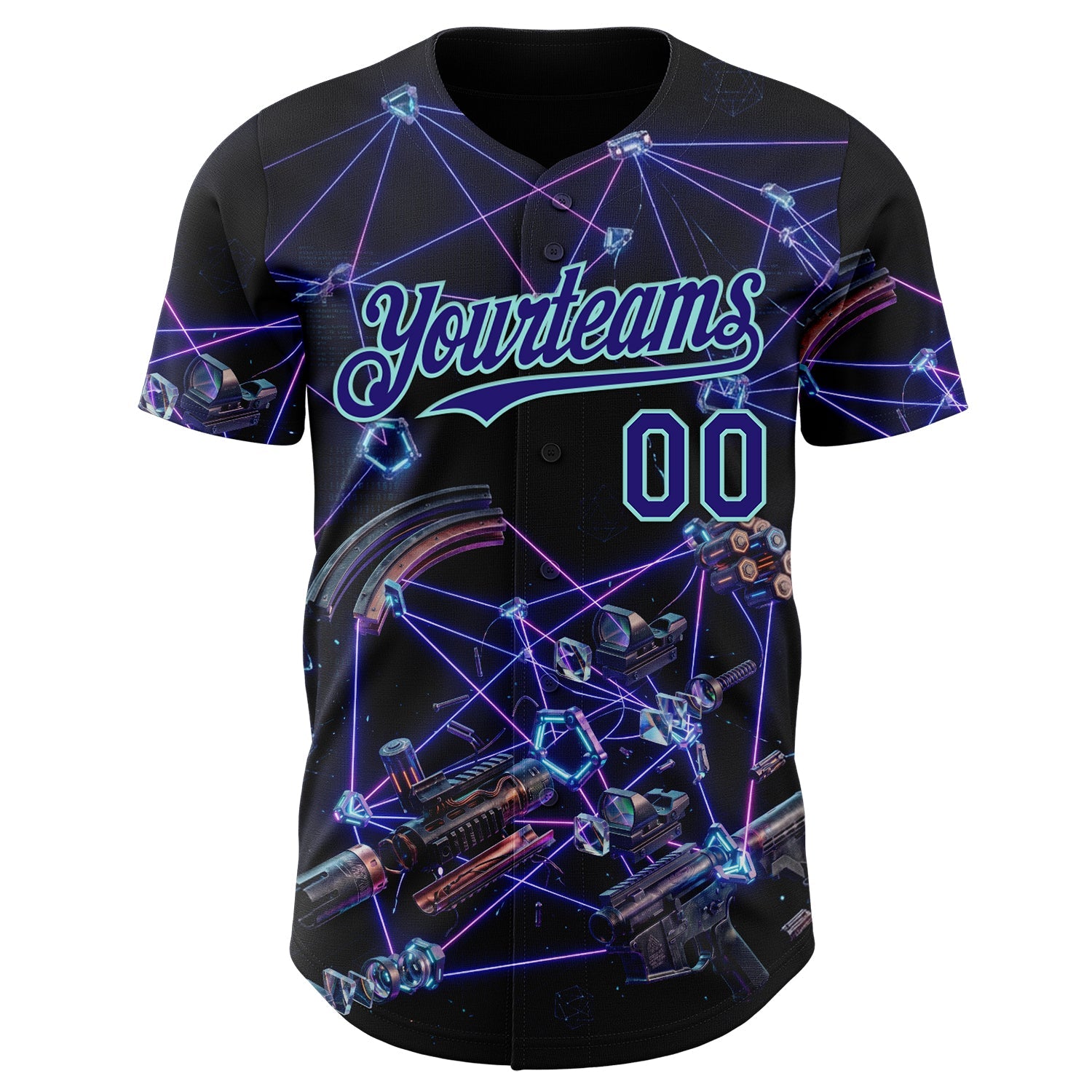 Custom Black Dark Purple-Ice Blue Futurism Tech E-sports 3D Pattern Design Authentic Baseball Jersey view 2