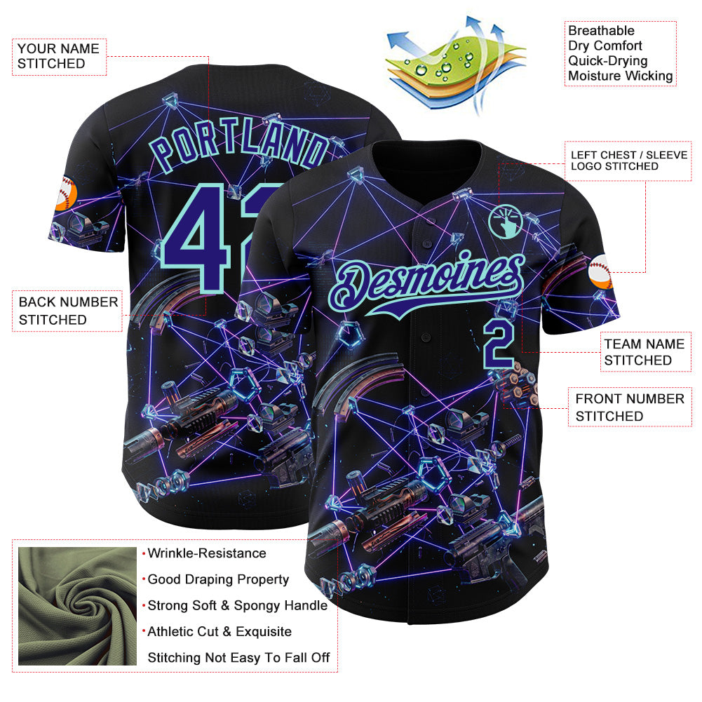 Custom Black Dark Purple-Ice Blue Futurism Tech E-sports 3D Pattern Design Authentic Baseball Jersey view 3