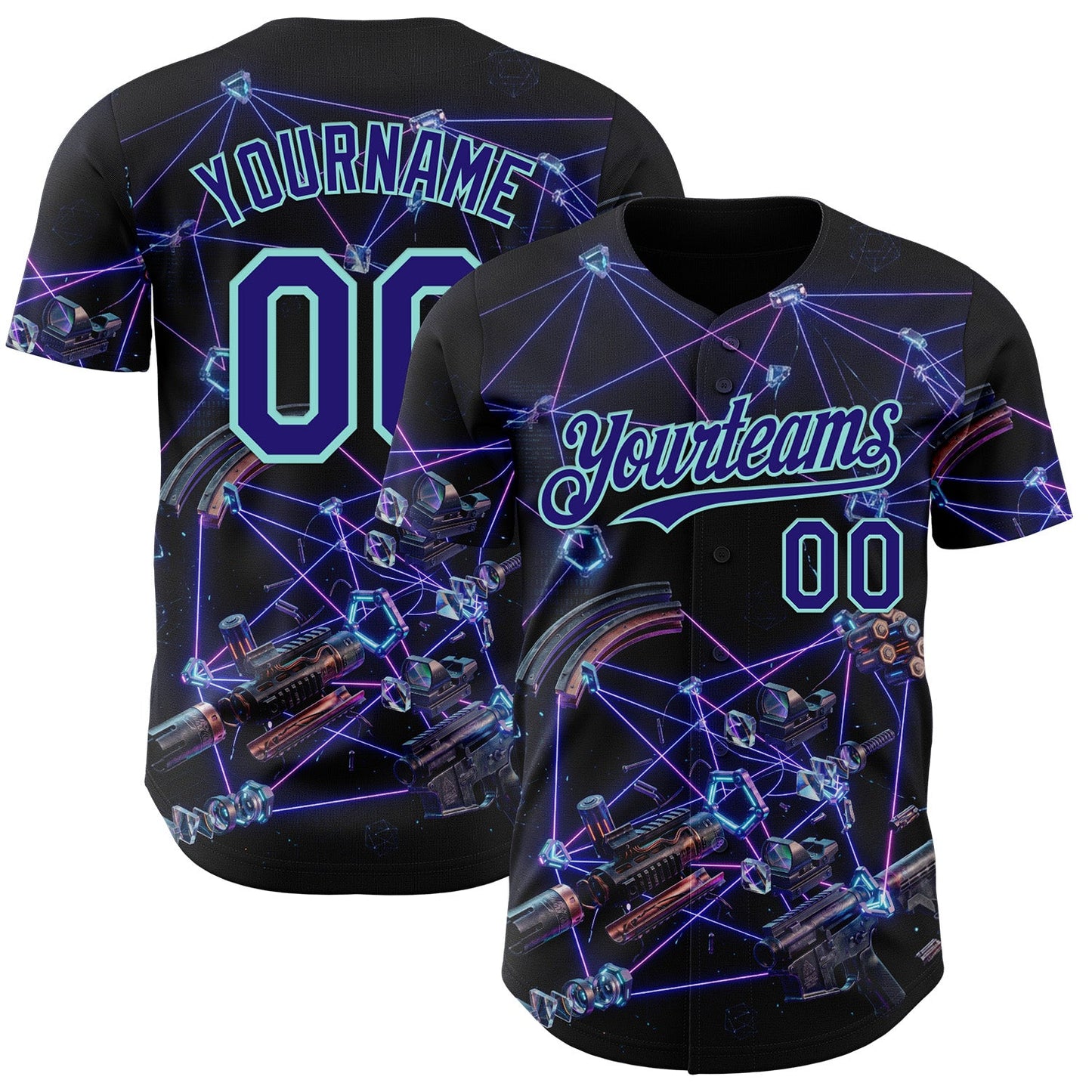 Custom Black Dark Purple-Ice Blue Futurism Tech E-sports 3D Pattern Design Authentic Baseball Jersey - Main View
