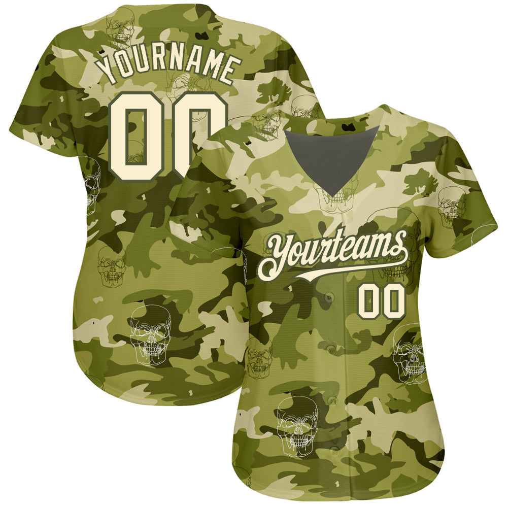 Custom Camo Cream-Olive 3D Skull Fashion Authentic Baseball Jersey view 2