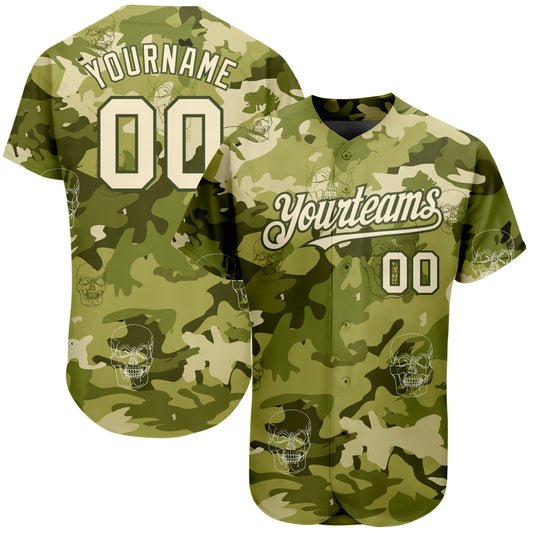 Custom Camo Cream-Olive 3D Skull Fashion Authentic Baseball Jersey - Main View
