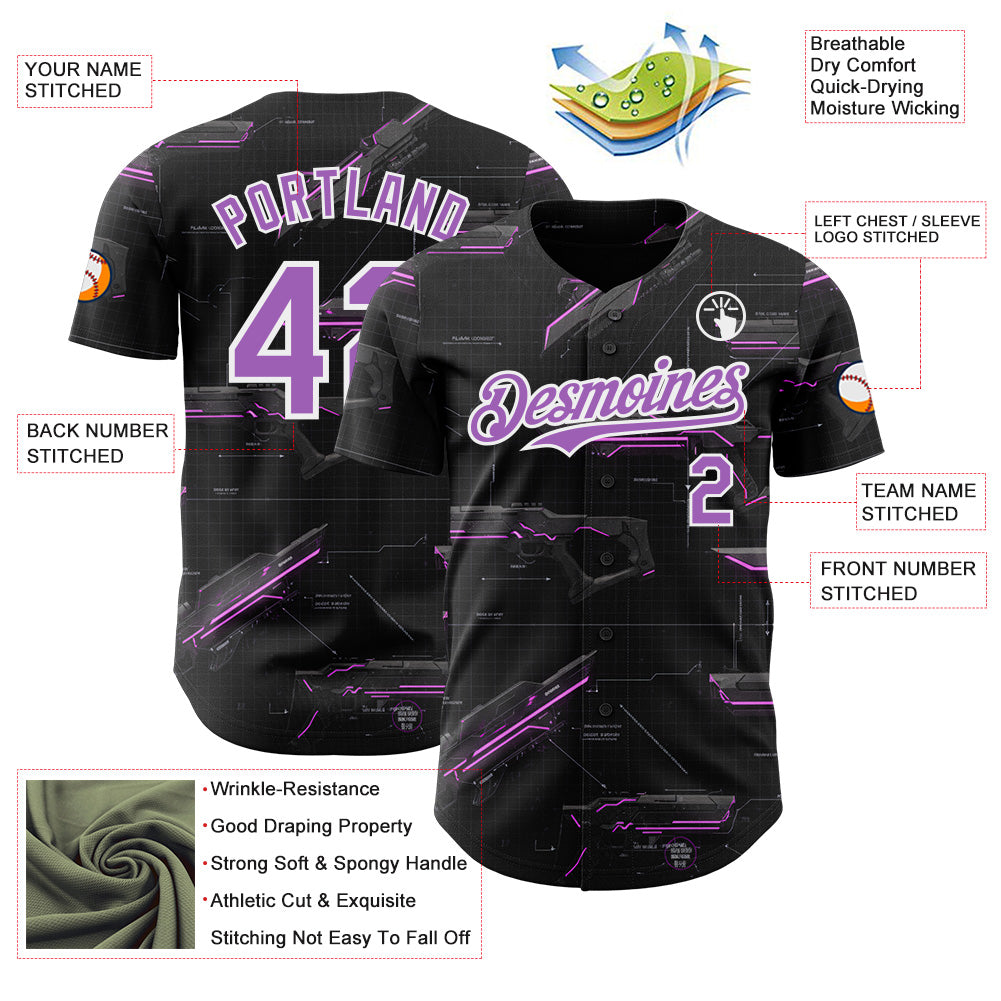 Custom Black Medium Purple-White Futurism Sci-Fi E-sports 3D Pattern Design Authentic Baseball Jersey view 3