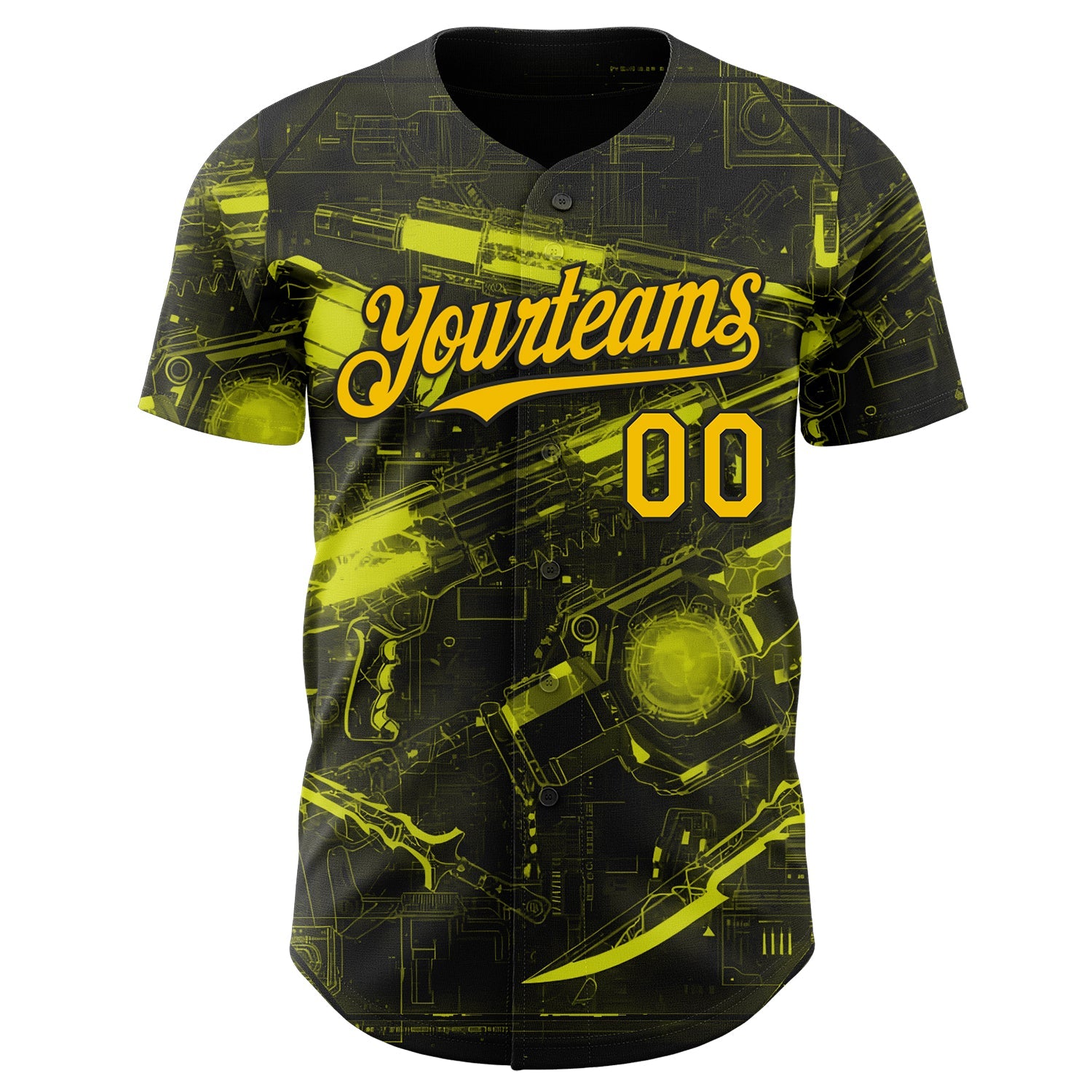 Custom Black-Yellow Futurism Cyberpunk E-sports 3D Pattern Design Authentic Baseball Jersey view 2