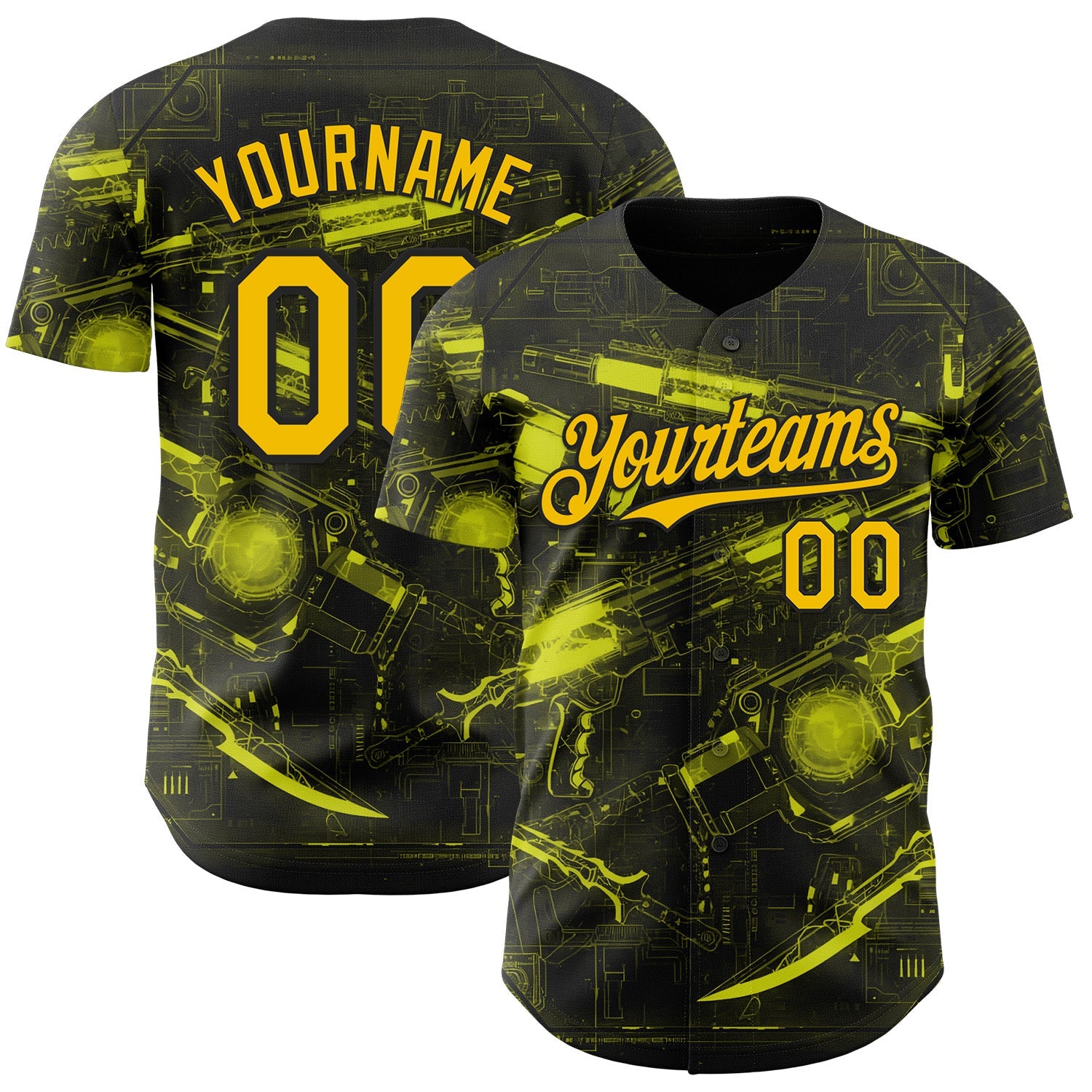 Custom Black-Yellow Futurism Cyberpunk E-sports 3D Pattern Design Authentic Baseball Jersey - Main View