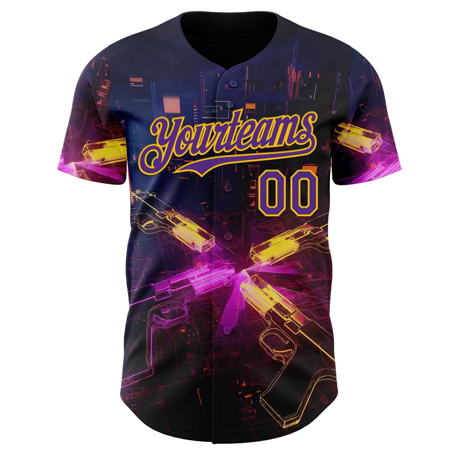 Custom Navy Purple-Yellow Futurism Sci-Fi E-sports 3D Pattern Design Authentic Baseball Jersey view 2
