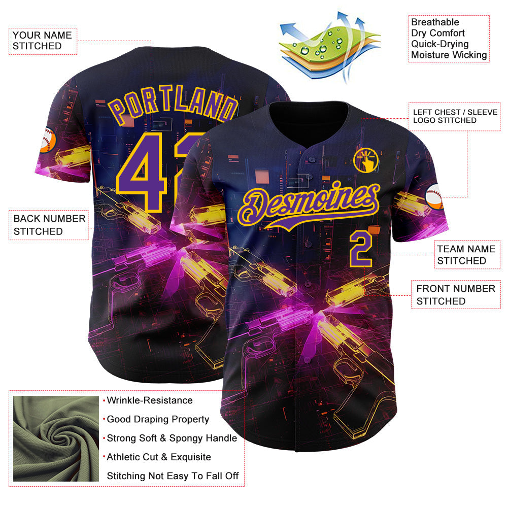 Custom Navy Purple-Yellow Futurism Sci-Fi E-sports 3D Pattern Design Authentic Baseball Jersey view 3