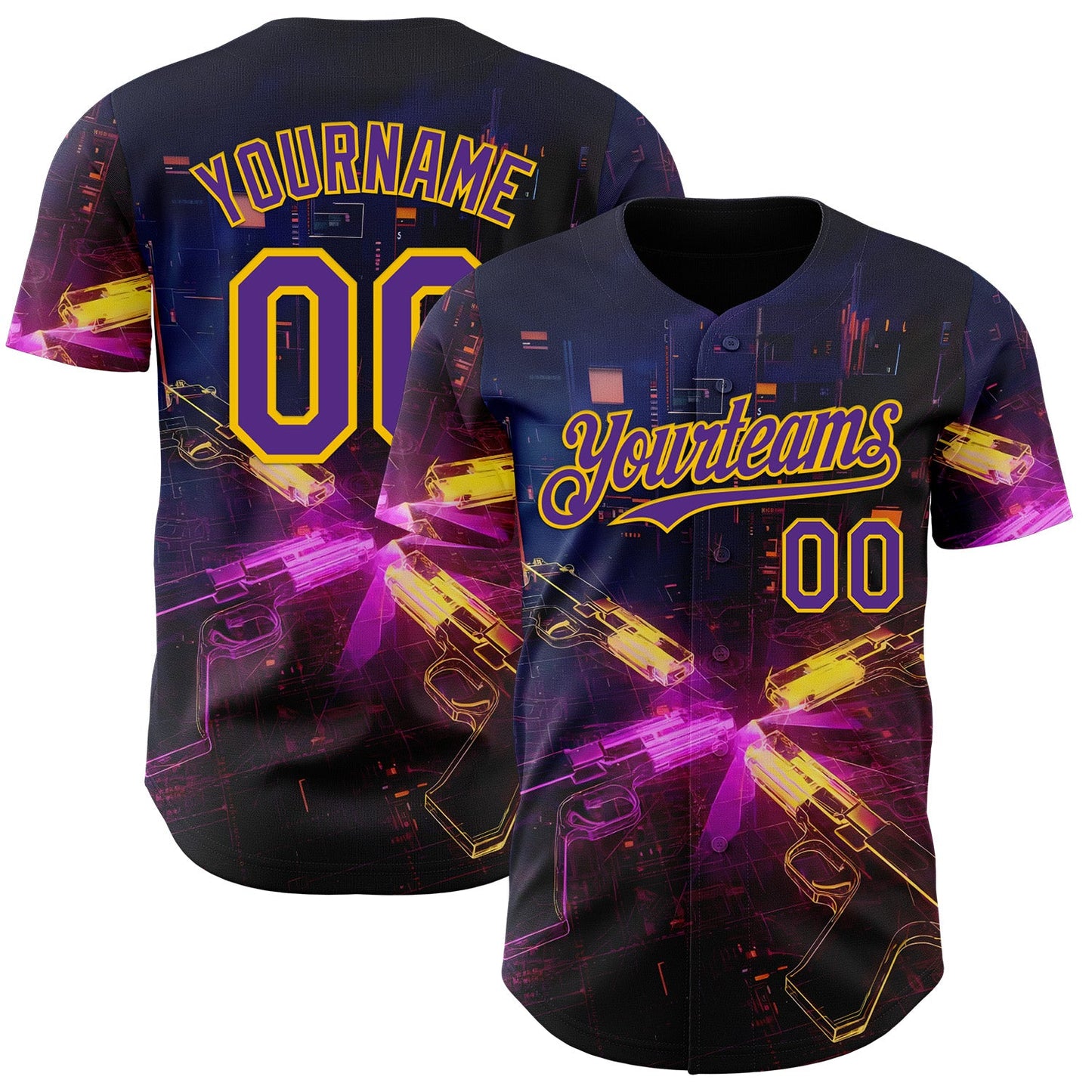 Custom Navy Purple-Yellow Futurism Sci-Fi E-sports 3D Pattern Design Authentic Baseball Jersey - Main View