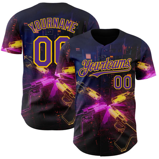 Custom Navy Purple-Yellow Futurism Sci-Fi E-sports 3D Pattern Design Authentic Baseball Jersey - Main View