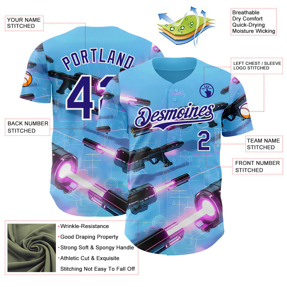 Custom Blue Dark Purple-White Futurism Sci-Fi E-sports 3D Pattern Design Authentic Baseball Jersey view 3