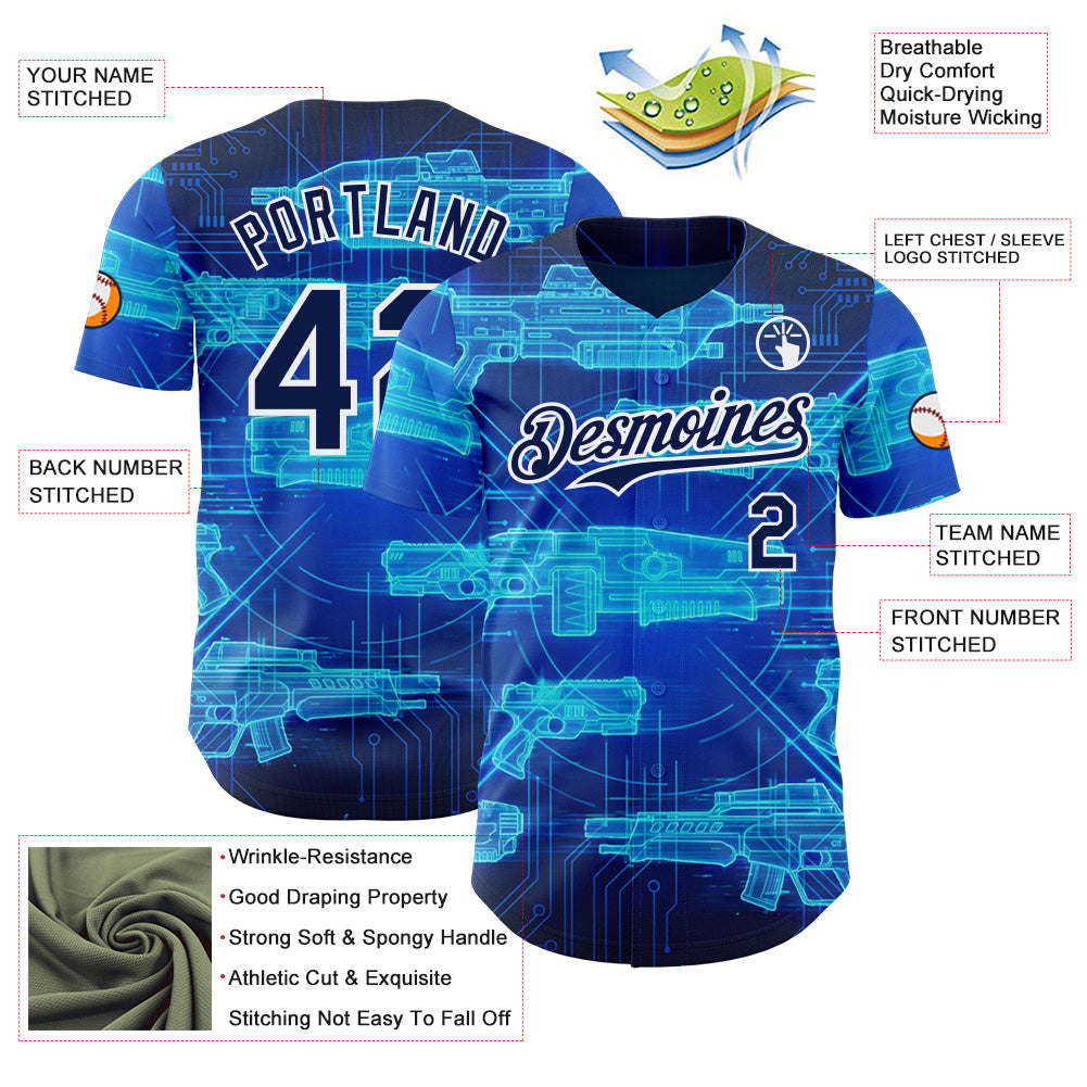 Custom Blue Navy-White Futurism Sci-Fi E-sports 3D Pattern Design Authentic Baseball Jersey view 3