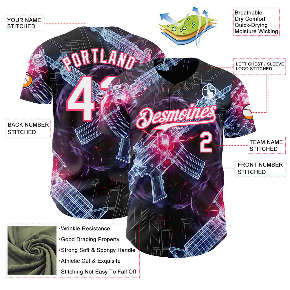 Custom Black White-Neon Pink Futurism Sci-Fi E-sports 3D Pattern Design Authentic Baseball Jersey view 3