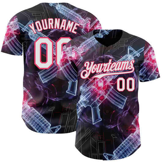 Custom Black White-Neon Pink Futurism Sci-Fi E-sports 3D Pattern Design Authentic Baseball Jersey - Main View