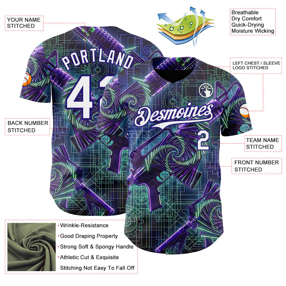 Custom Black White-Dark Purple Futurism Cyberpunk E-sports 3D Pattern Design Authentic Baseball Jersey view 3