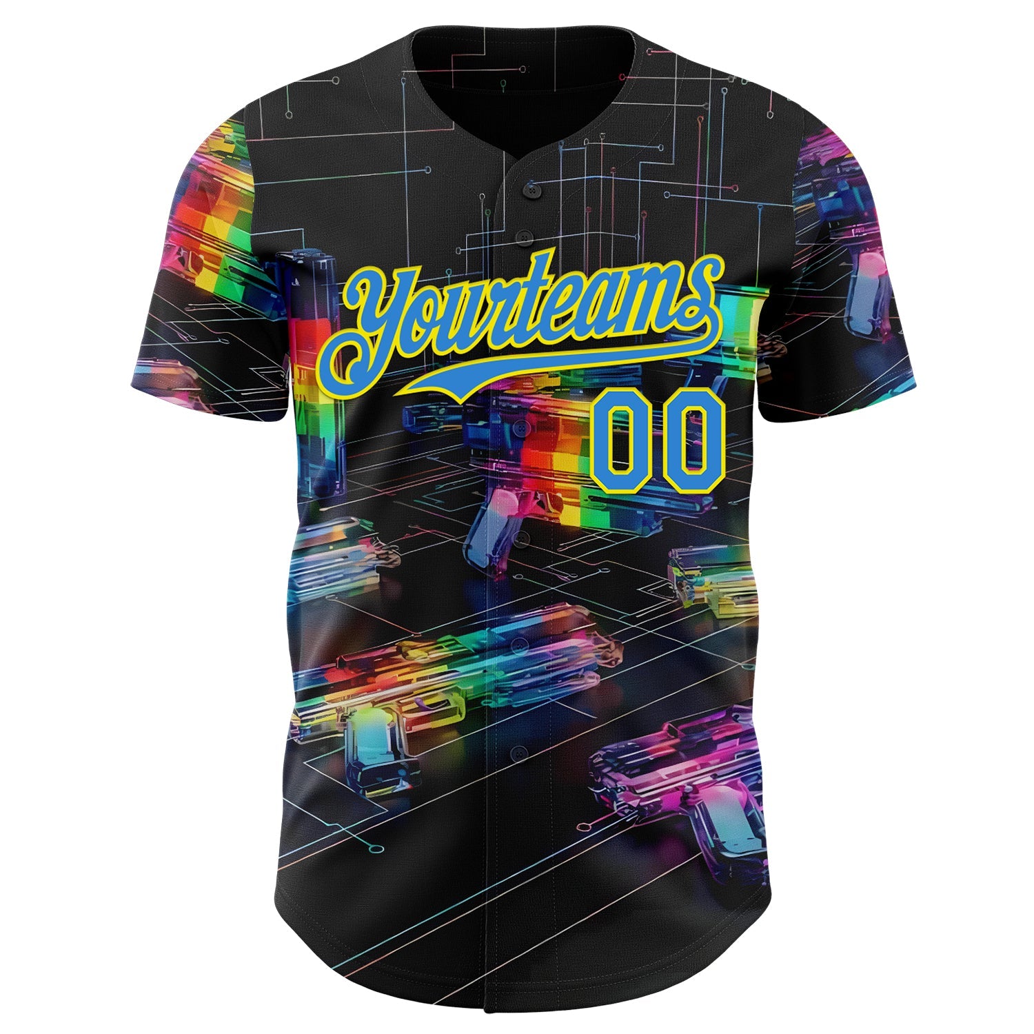 Custom Black Electric Blue-Light Yellow Futurism Cyberpunk E-sports 3D Pattern Design Authentic Baseball Jersey view 2