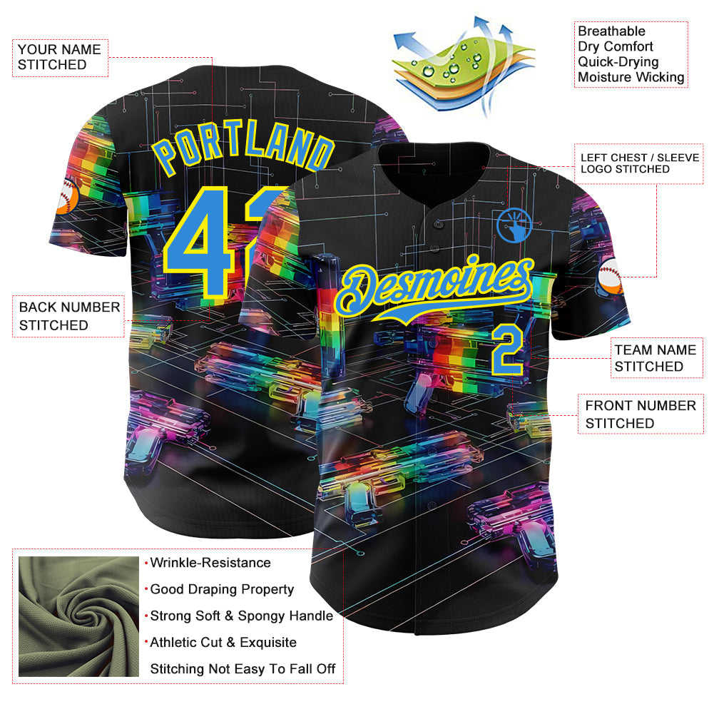 Custom Black Electric Blue-Light Yellow Futurism Cyberpunk E-sports 3D Pattern Design Authentic Baseball Jersey view 3