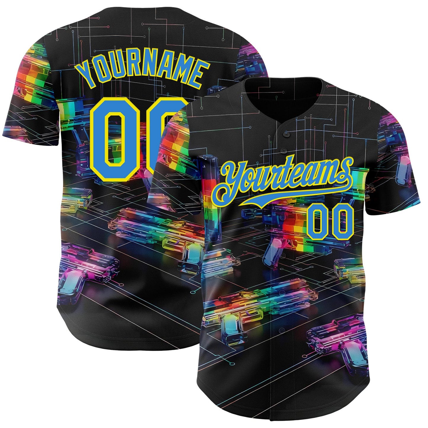 Custom Black Electric Blue-Light Yellow Futurism Cyberpunk E-sports 3D Pattern Design Authentic Baseball Jersey - Main View