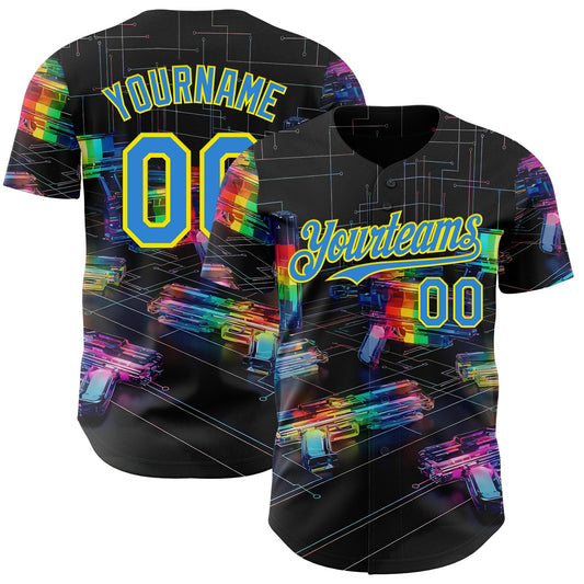 Custom Black Electric Blue-Light Yellow Futurism Cyberpunk E-sports 3D Pattern Design Authentic Baseball Jersey - Main View