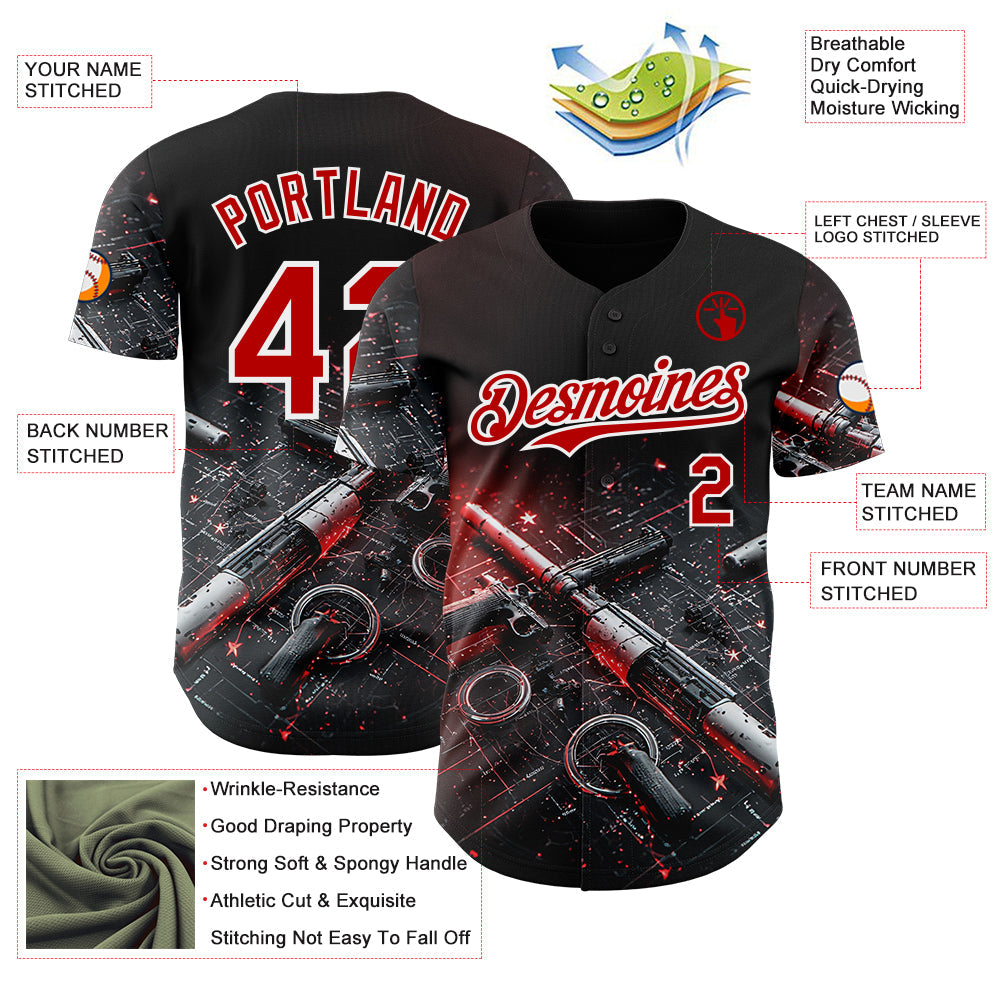 Custom Black Red-White Futurism Cyberpunk E-sports 3D Pattern Design Authentic Baseball Jersey view 3