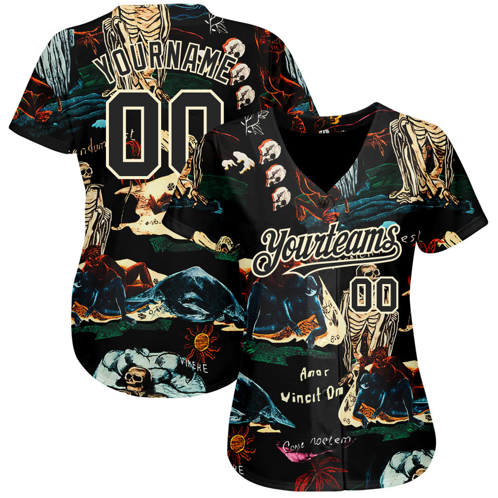 Custom Black Cream 3D Tropical Plant And Skull Fashion Authentic Baseball Jersey view 2