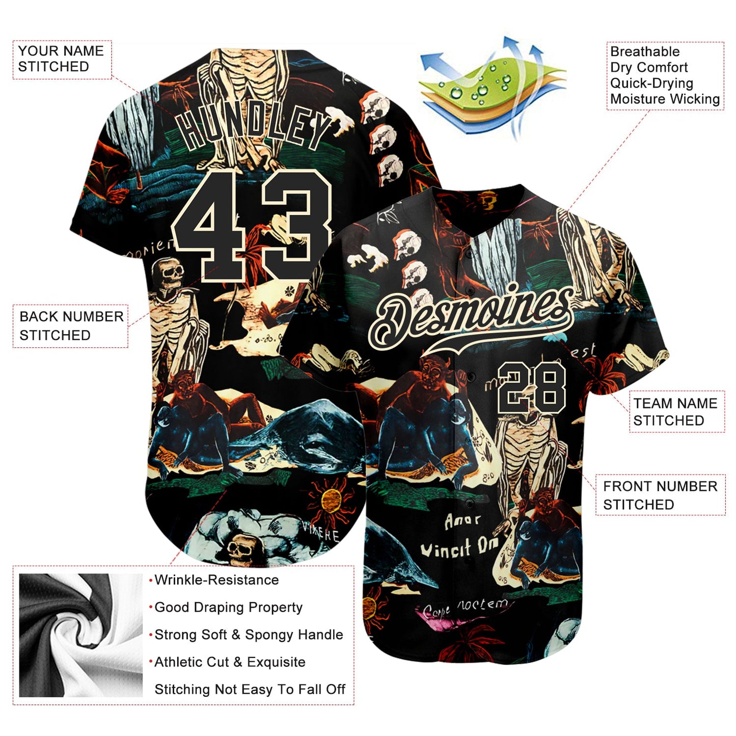 Custom Black Cream 3D Tropical Plant And Skull Fashion Authentic Baseball Jersey view 3