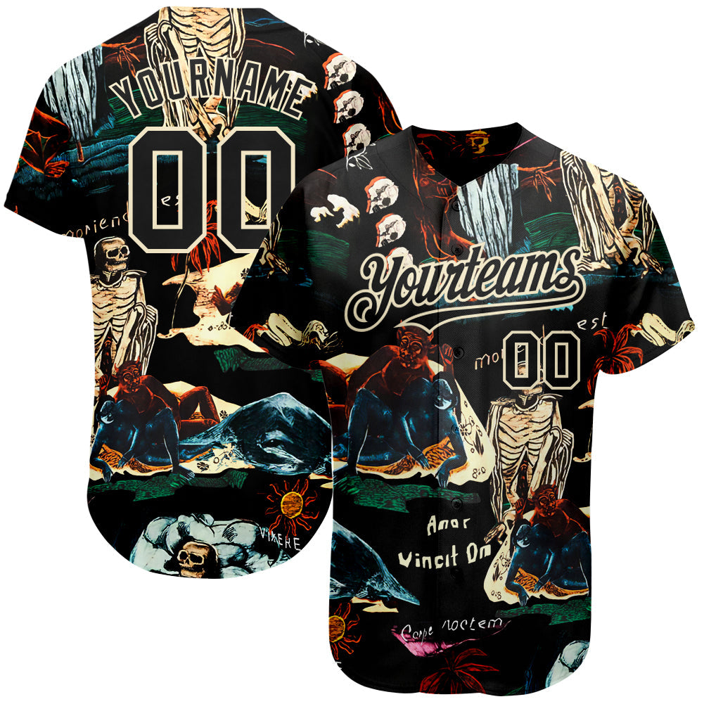 Custom Black Cream 3D Tropical Plant And Skull Fashion Authentic Baseball Jersey - Main View
