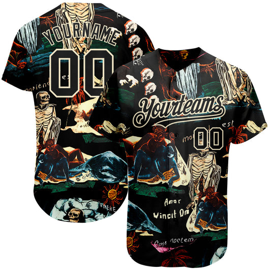 Custom Black Cream 3D Tropical Plant And Skull Fashion Authentic Baseball Jersey - Main View