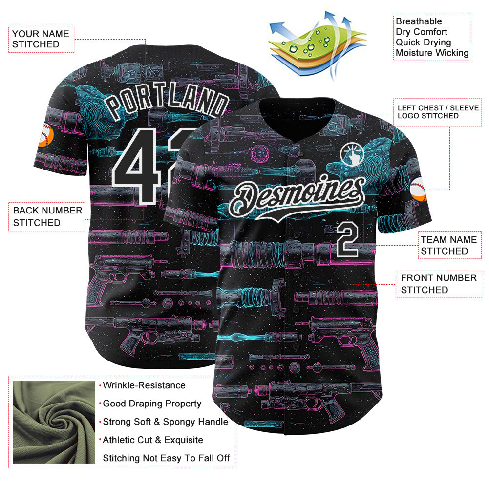Custom Black-White Futurism Sci-Fi E-sports 3D Pattern Design Authentic Baseball Jersey view 3