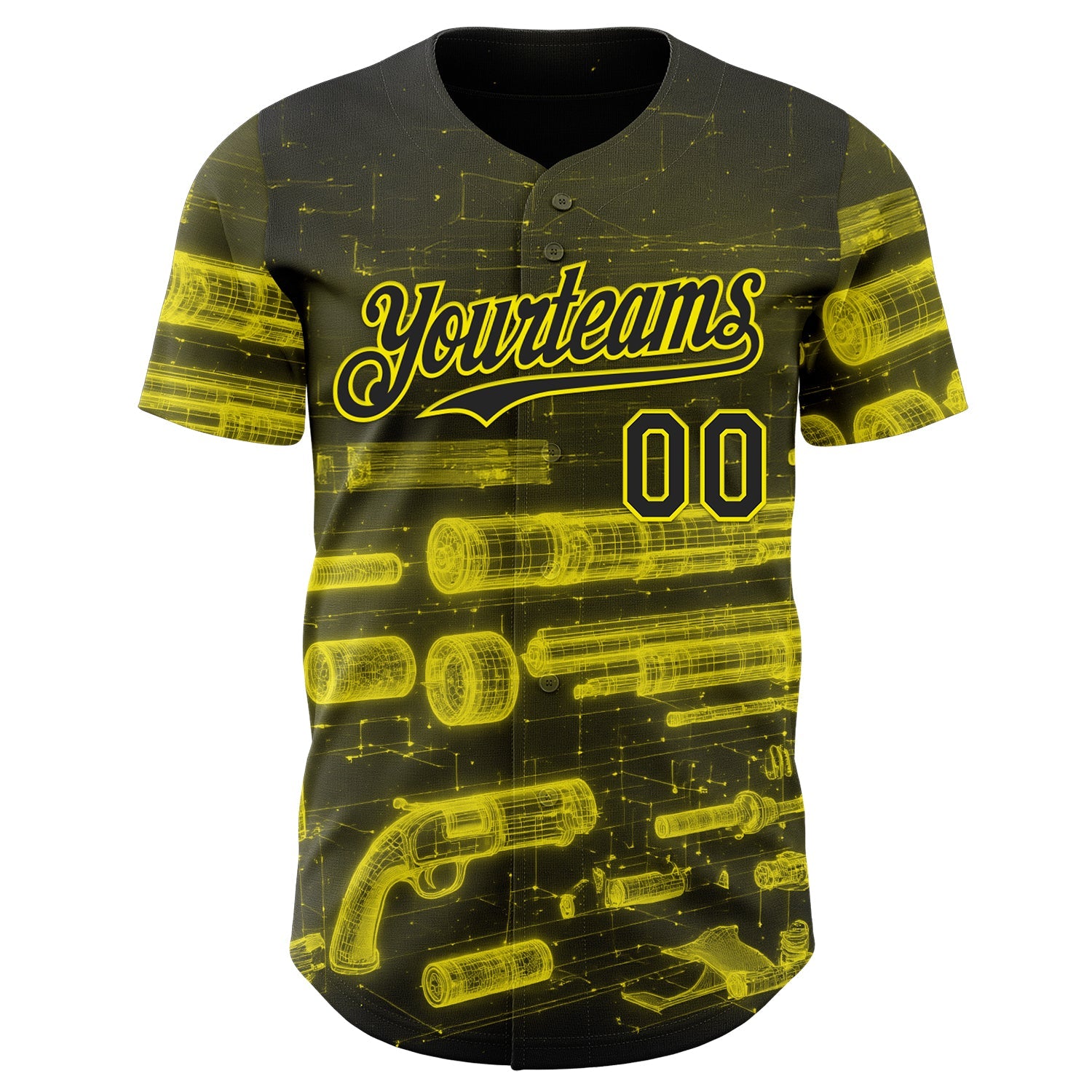 Custom Black-Light Yellow Futurism Cyberpunk E-sports 3D Pattern Design Authentic Baseball Jersey view 2