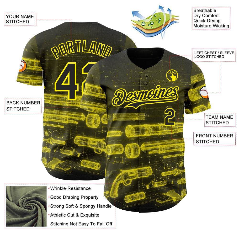 Custom Black-Light Yellow Futurism Cyberpunk E-sports 3D Pattern Design Authentic Baseball Jersey view 3