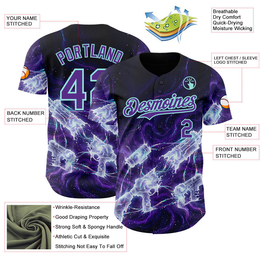 Custom Black Purple-Ice Blue Futurism Cyberpunk E-sports 3D Pattern Design Authentic Baseball Jersey view 3