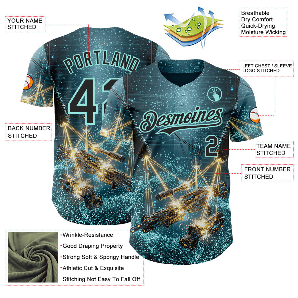 Custom Blue Black-Ice Blue Futurism Sci-Fi E-sports 3D Pattern Design Authentic Baseball Jersey view 3