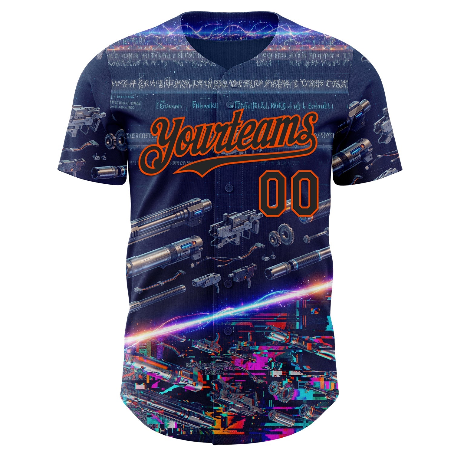 Custom Blue Black-Orange Futurism Sci-Fi E-sports 3D Pattern Design Authentic Baseball Jersey view 2