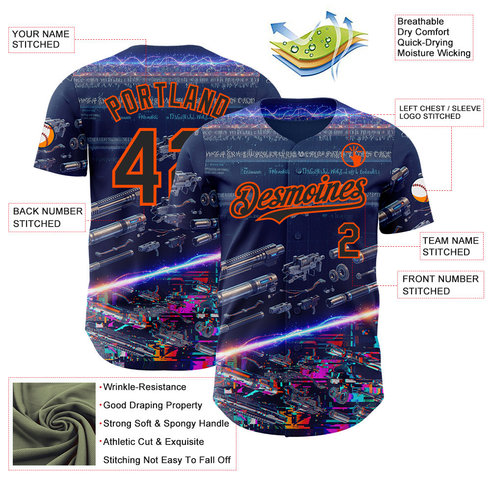 Custom Blue Black-Orange Futurism Sci-Fi E-sports 3D Pattern Design Authentic Baseball Jersey view 3