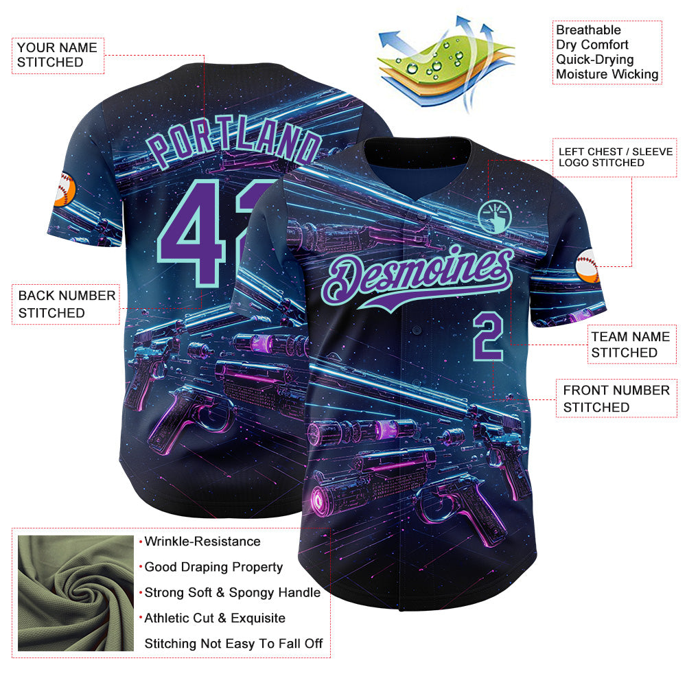 Custom Blue Purple-Ice Blue Futurism Cyberpunk E-sports 3D Pattern Design Authentic Baseball Jersey view 3