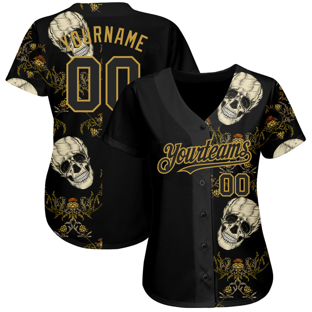 Custom Black Old Gold 3D Plant And Skull Fashion Authentic Baseball Jersey view 2