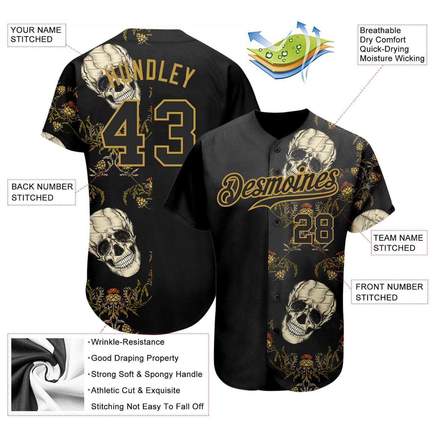 Custom Black Old Gold 3D Plant And Skull Fashion Authentic Baseball Jersey view 3