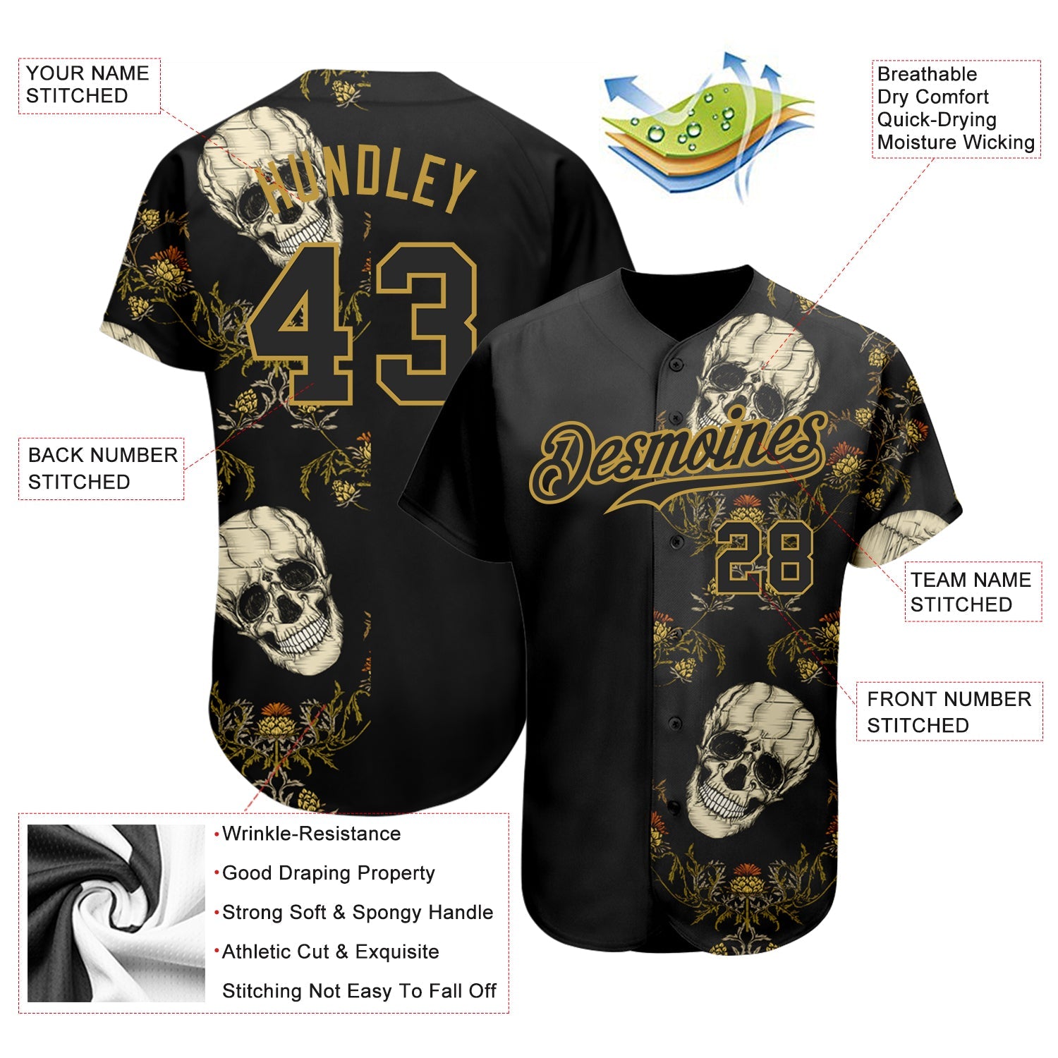 Custom Black Old Gold 3D Plant And Skull Fashion Authentic Baseball Jersey view 3
