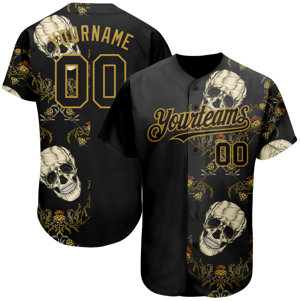 Custom Black Old Gold 3D Plant And Skull Fashion Authentic Baseball Jersey - Main View
