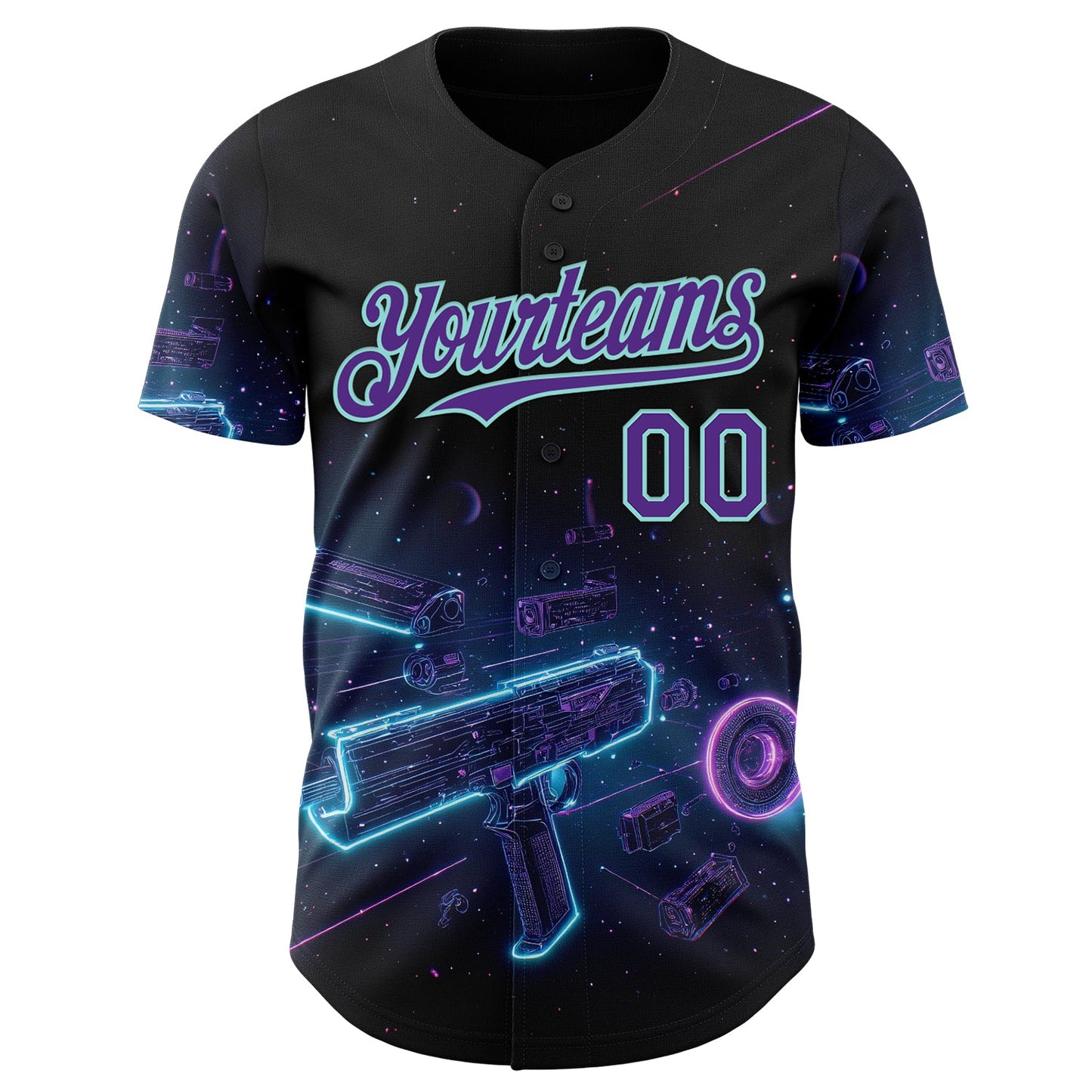 Custom Black Purple-Ice Blue Futurism Cyberpunk E-sports 3D Pattern Design Authentic Baseball Jersey view 2
