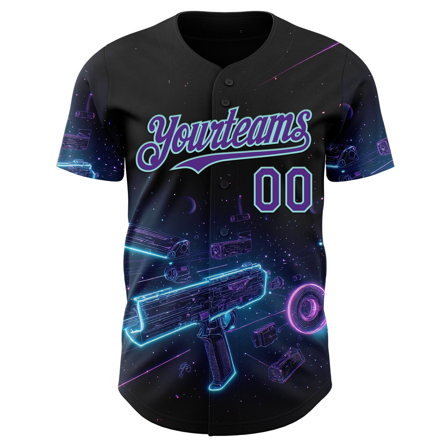 Custom Black Purple-Ice Blue Futurism Cyberpunk E-sports 3D Pattern Design Authentic Baseball Jersey view 2