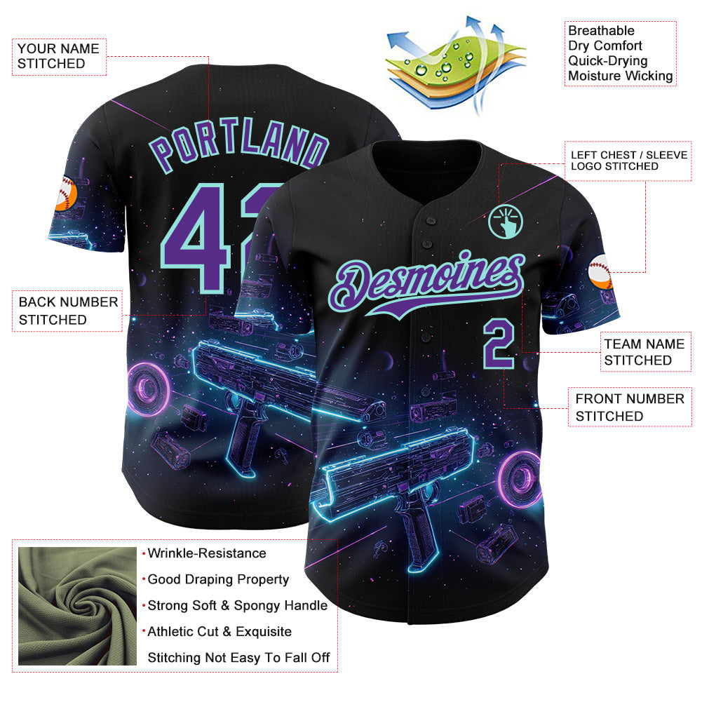 Custom Black Purple-Ice Blue Futurism Cyberpunk E-sports 3D Pattern Design Authentic Baseball Jersey view 3
