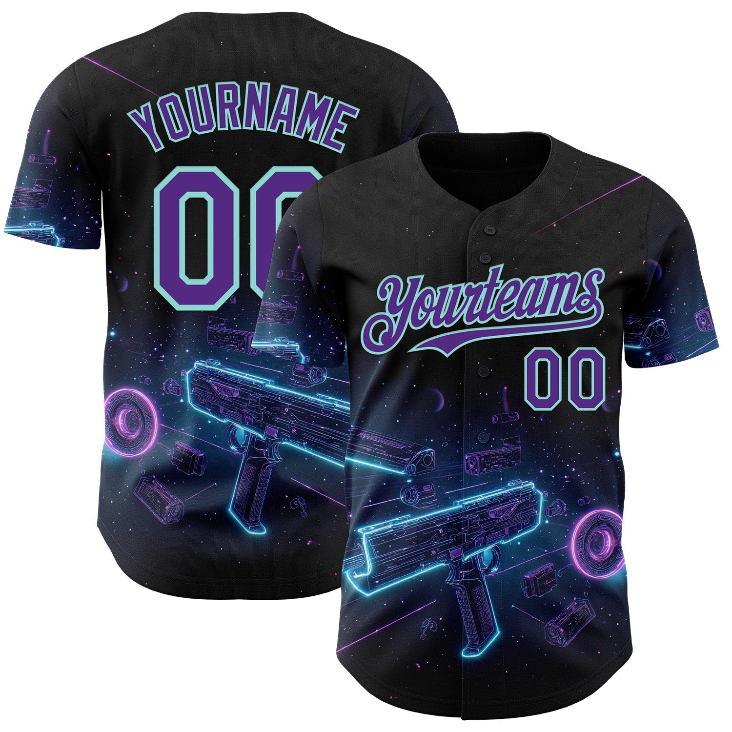 Custom Black Purple-Ice Blue Futurism Cyberpunk E-sports 3D Pattern Design Authentic Baseball Jersey - Main View