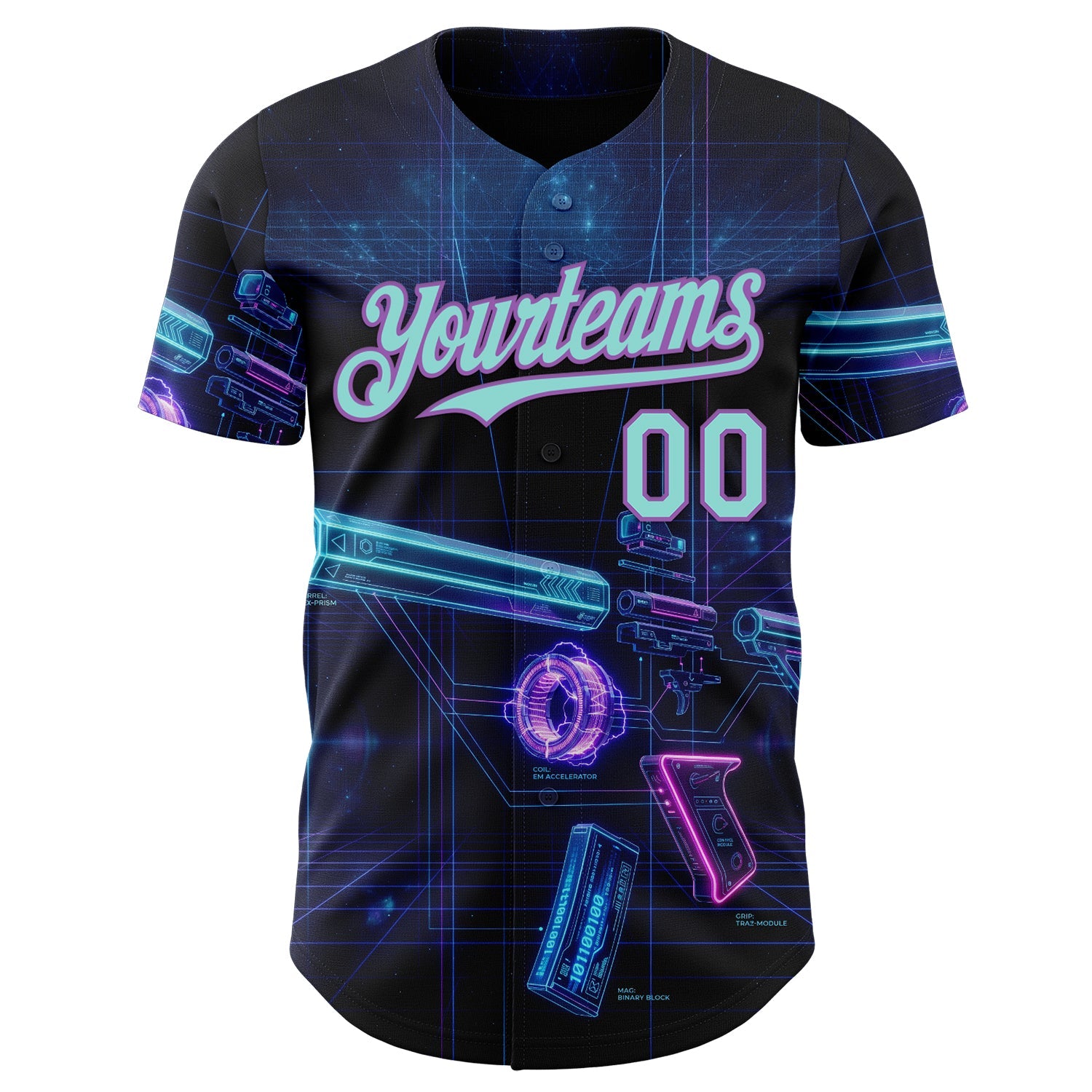 Custom Black Ice Blue-Medium Purple Futurism Cyberpunk E-sports 3D Pattern Design Authentic Baseball Jersey view 2