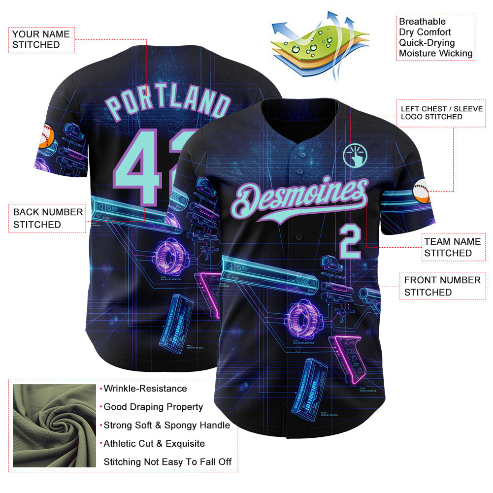 Custom Black Ice Blue-Medium Purple Futurism Cyberpunk E-sports 3D Pattern Design Authentic Baseball Jersey view 3