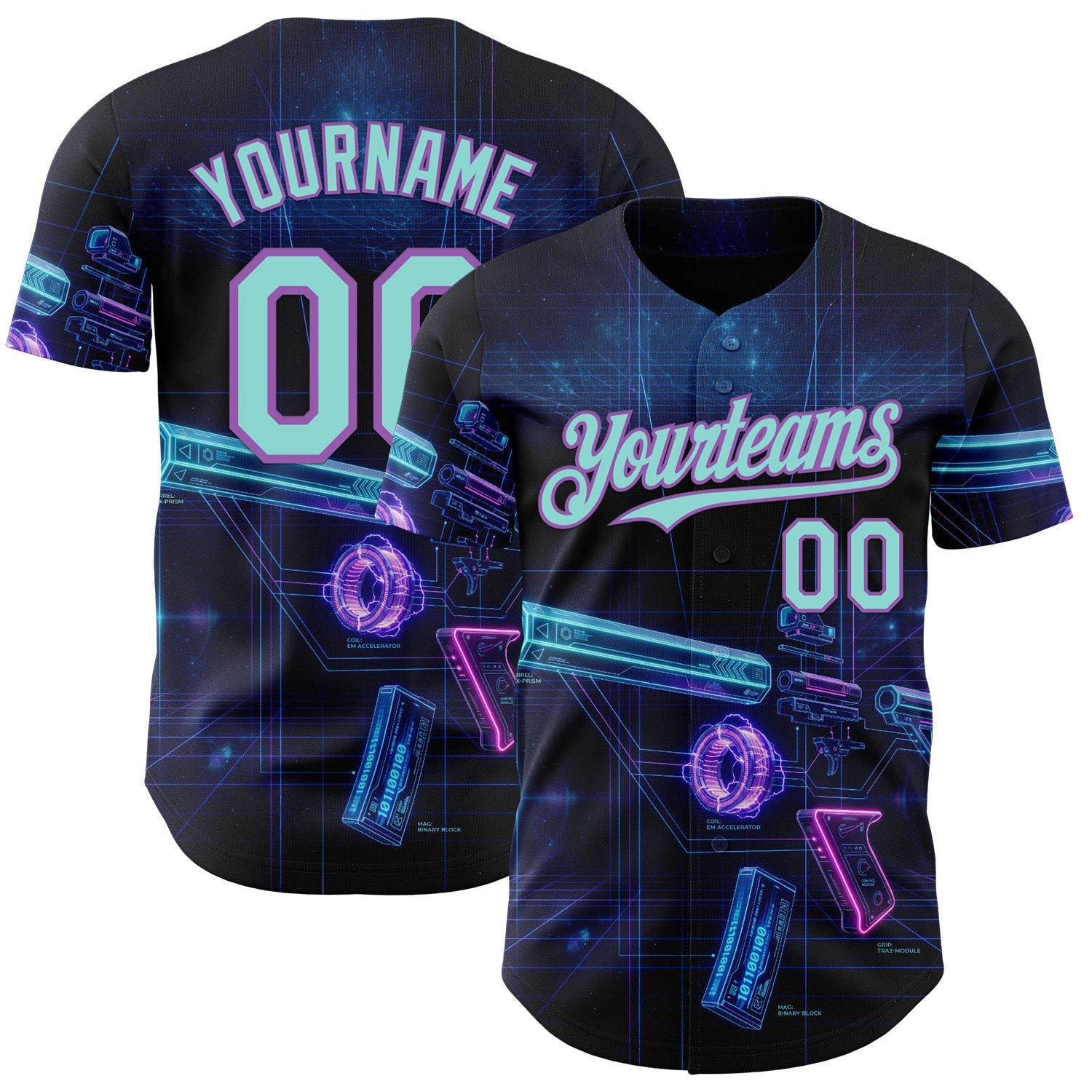 Custom Black Ice Blue-Medium Purple Futurism Cyberpunk E-sports 3D Pattern Design Authentic Baseball Jersey - Main View