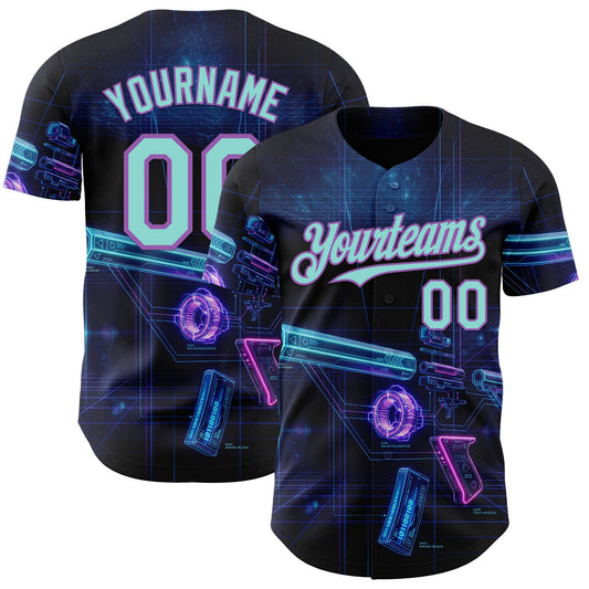 Custom Black Ice Blue-Medium Purple Futurism Cyberpunk E-sports 3D Pattern Design Authentic Baseball Jersey - Main View