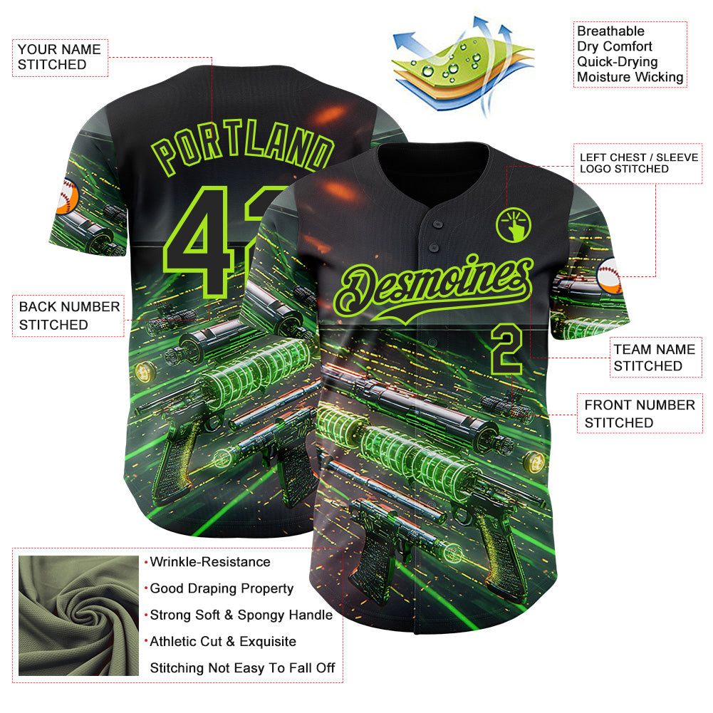 Custom Black-Neon Green Futurism Cyberpunk E-sports 3D Pattern Design Authentic Baseball Jersey view 3