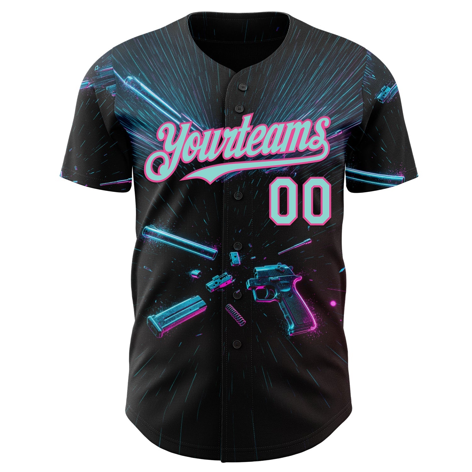 Custom Black Ice Blue-Pink Futurism Cyberpunk E-sports 3D Pattern Design Authentic Baseball Jersey view 2