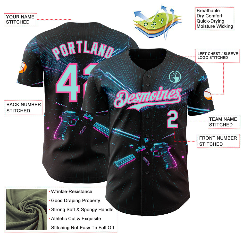 Custom Black Ice Blue-Pink Futurism Cyberpunk E-sports 3D Pattern Design Authentic Baseball Jersey view 3