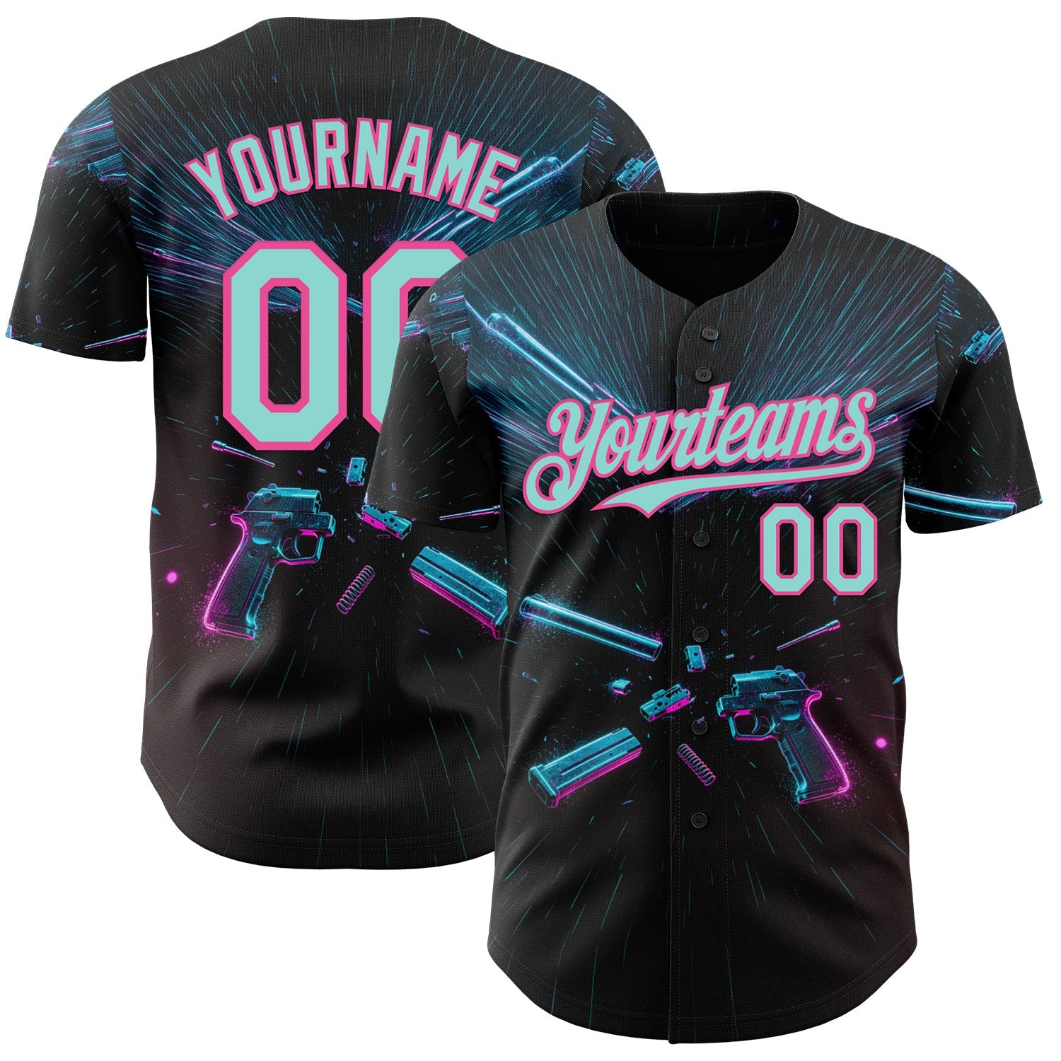 Custom Black Ice Blue-Pink Futurism Cyberpunk E-sports 3D Pattern Design Authentic Baseball Jersey - Main View